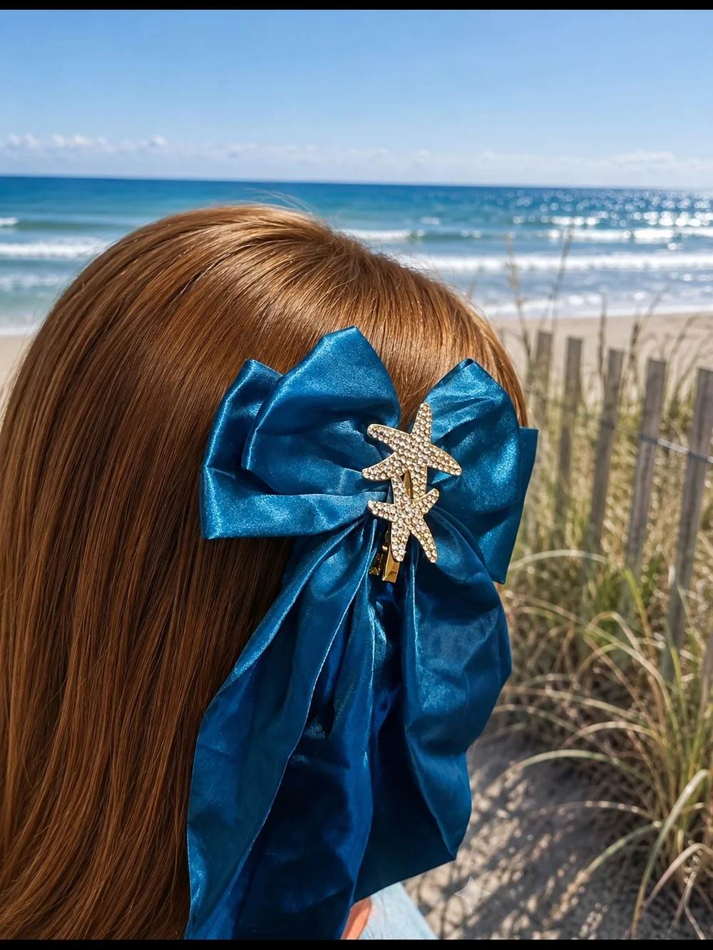 Teal Satin Bow Hair Clip with Starfish Accent - Accessories